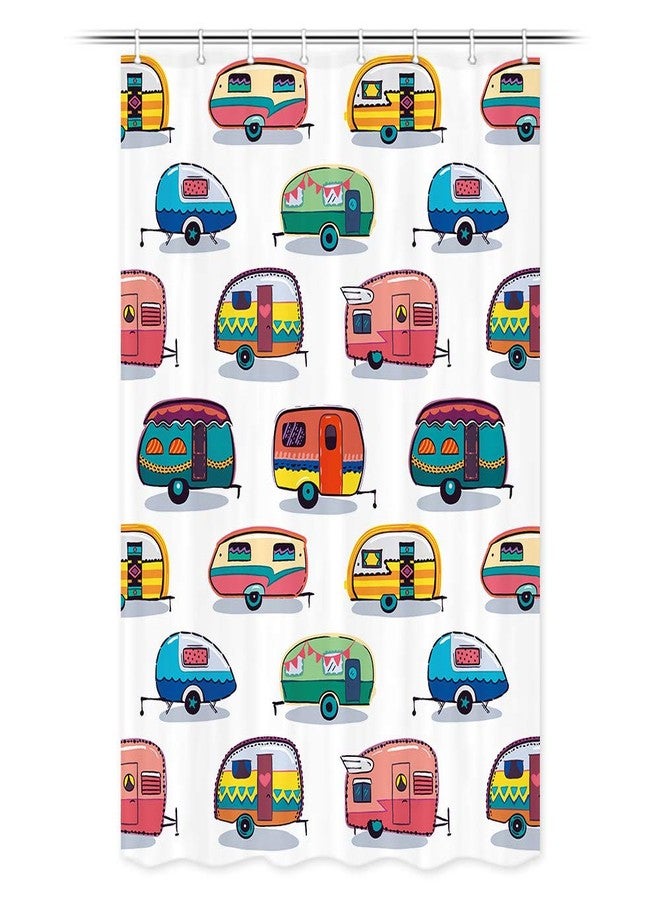 JAWO ستارة حمام JAWO RV لحمام التخييم في المقطورة، بتصميم كلاسيكي ممتع، ستارة حمام Happy Camper مع مجموعة خطافات، 47 × 64 بوصة - Image 1